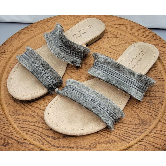 Lauren Conrad Women's Size 8-9 Medium Gray Two Strap Fringy Sandals - Picture 7 of 13